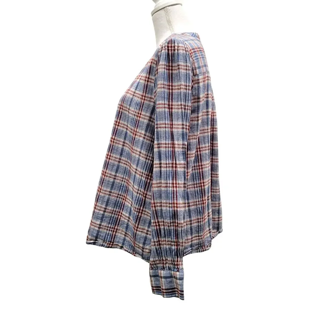 Madewell Popover Blouse Top Blue Plaid Puff Sleeve Swing Pleated Cotton Linen